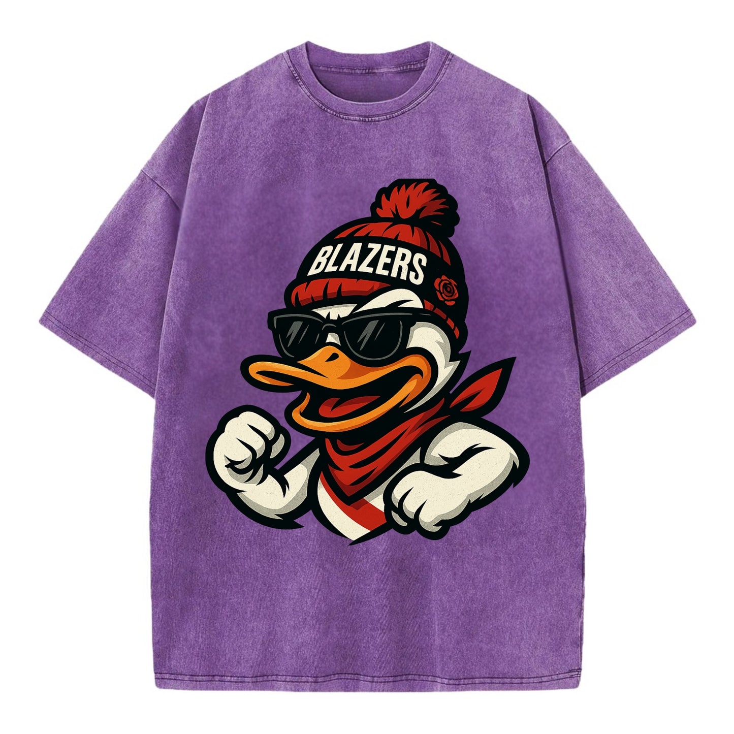 Oregon Duck wearing Trail Blazers beanie with rose patch and wayfarer sunglasses - Vintage T-shirt - Purple