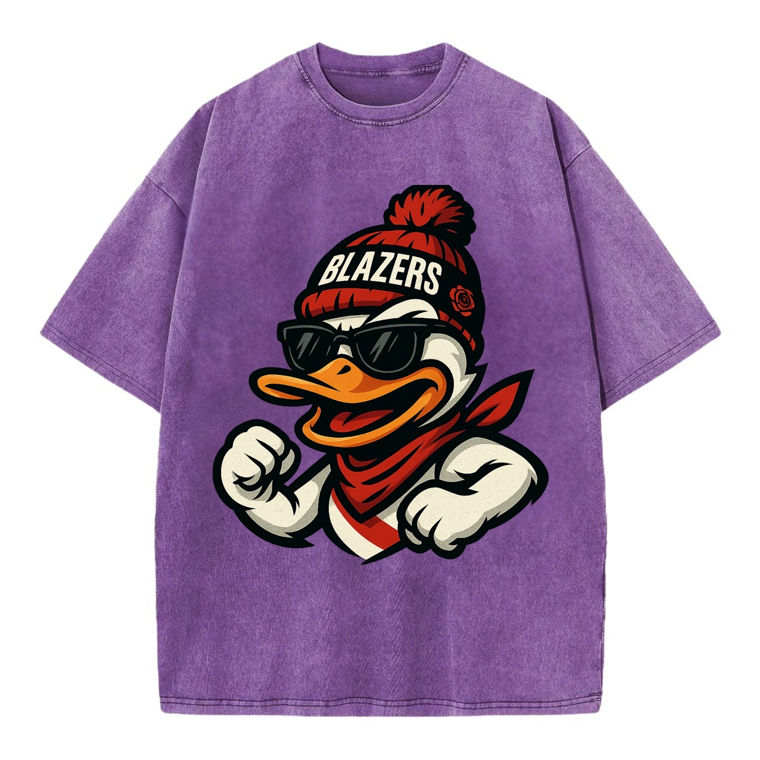 Oregon Duck wearing Trail Blazers beanie with rose patch and wayfarer sunglasses - Vintage T-shirt - Purple