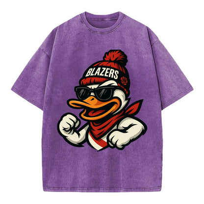 Oregon Duck wearing Trail Blazers beanie with rose patch and wayfarer sunglasses - Vintage T-shirt - Purple