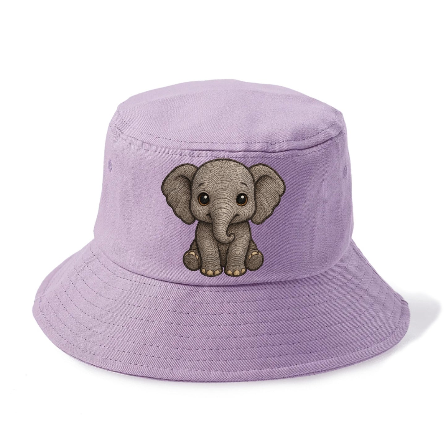 Baby Elephant - gray wrinkly, tiny trunk, large floppy ears, kind dark eyes, - Bucket Hat - Purple