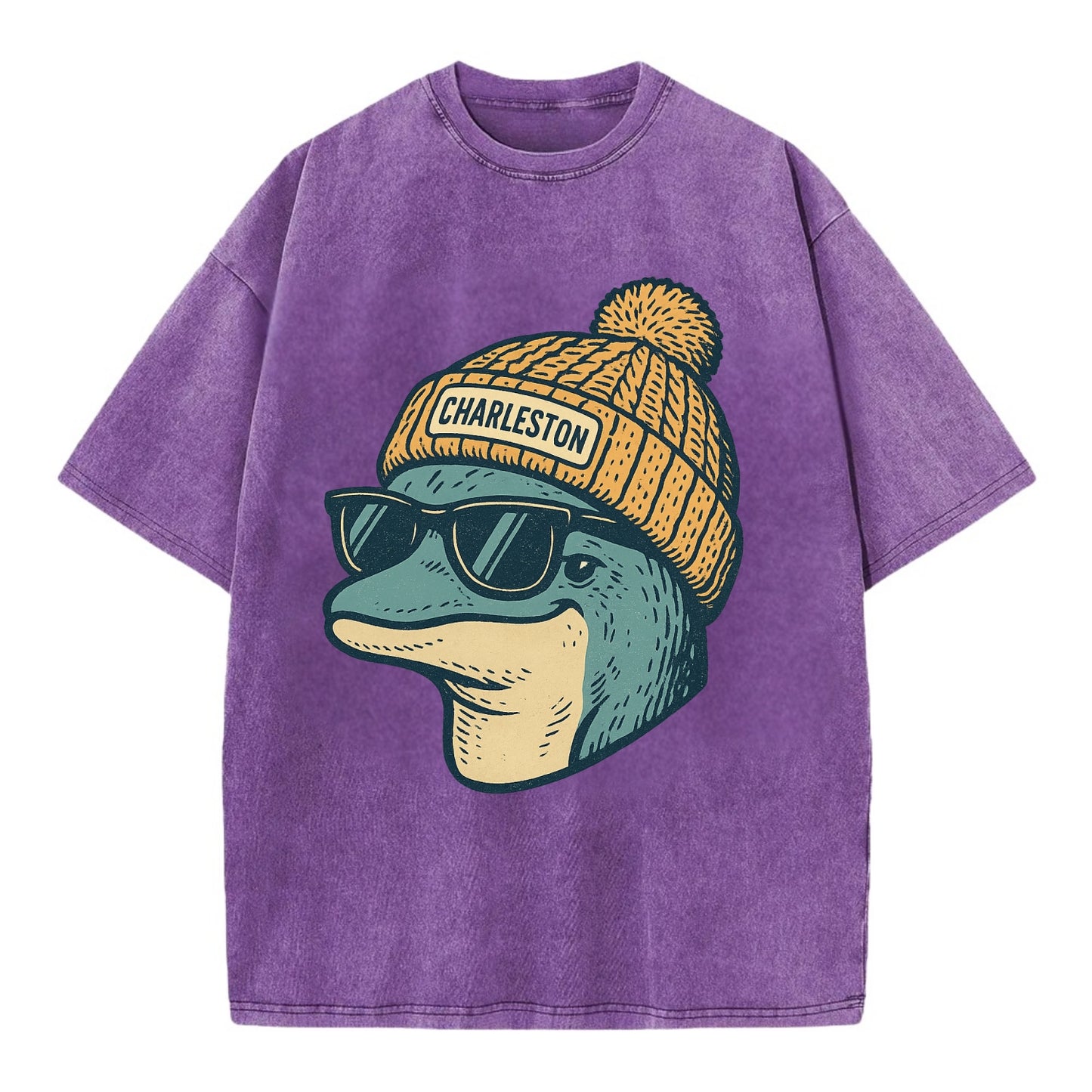 Charleston Dolphin wearing Charleston beanie with pom pom and wayfarer sunglasses - Vintage T-shirt - Purple
