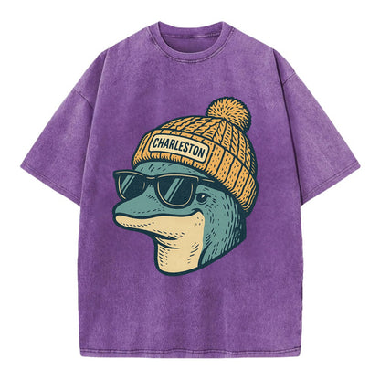 Charleston Dolphin wearing Charleston beanie with pom pom and wayfarer sunglasses - Vintage T-shirt - Purple
