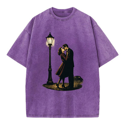 first kiss under vintage street lamp on cobblestone at night - Vintage T-shirt - Purple