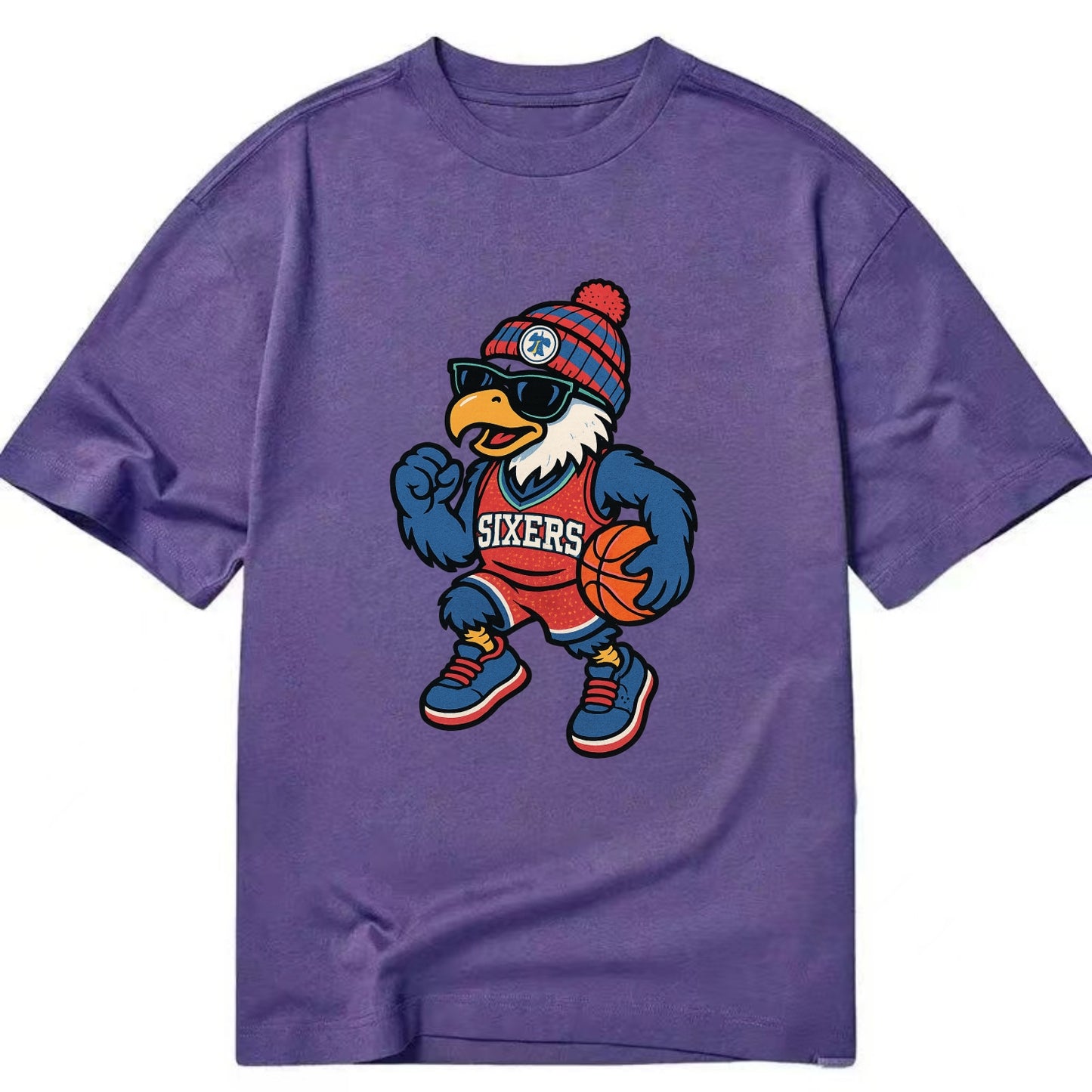Philadelphia Eagle wearing 76ers red white and blue beanie with bell patch and - Classic T-shirt - Purple