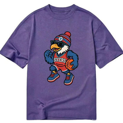 Philadelphia Eagle wearing 76ers red white and blue beanie with bell patch and - Classic T-shirt - Purple