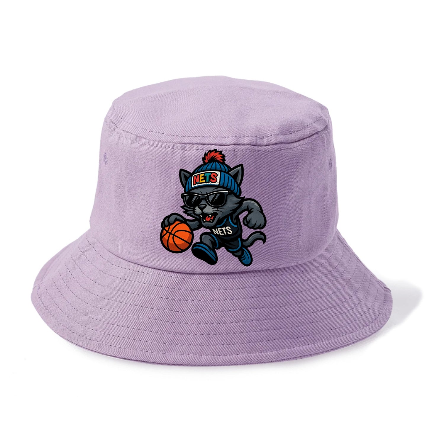 Brooklyn Cat wearing Nets beanie with street art patch and wayfarer sunglasses - Bucket Hat - Purple
