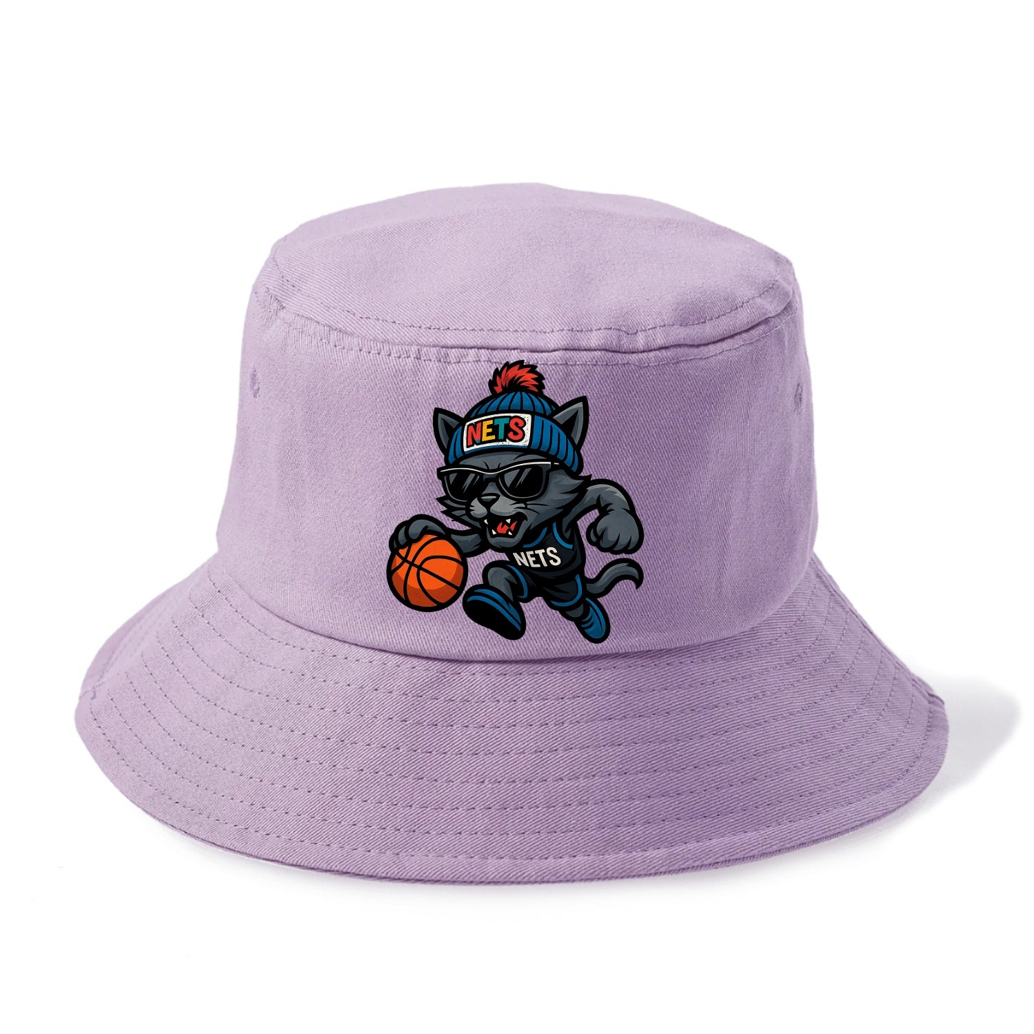 Brooklyn Cat wearing Nets beanie with street art patch and wayfarer sunglasses - Bucket Hat - Purple