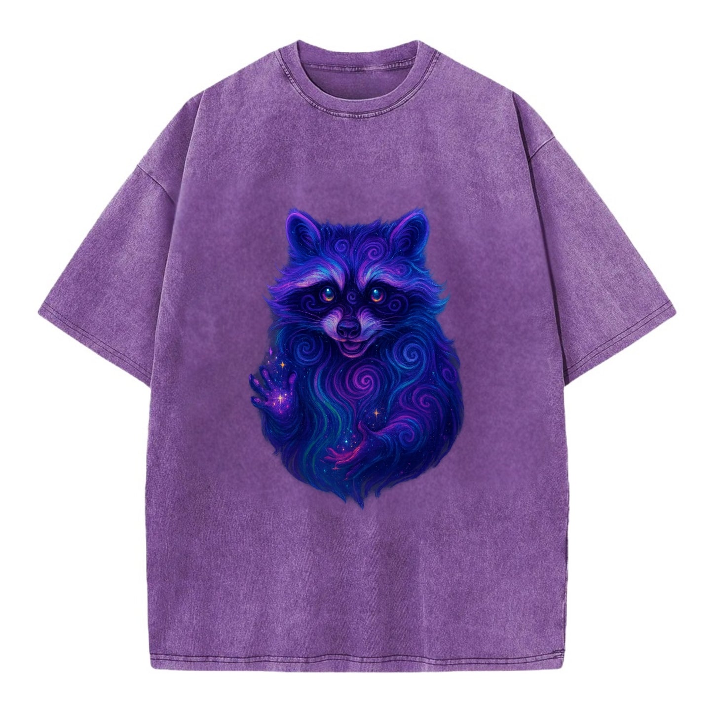 Playful raccoon with mask swirling in hypnotic patterns, neon purple and green - Vintage T-shirt - Purple