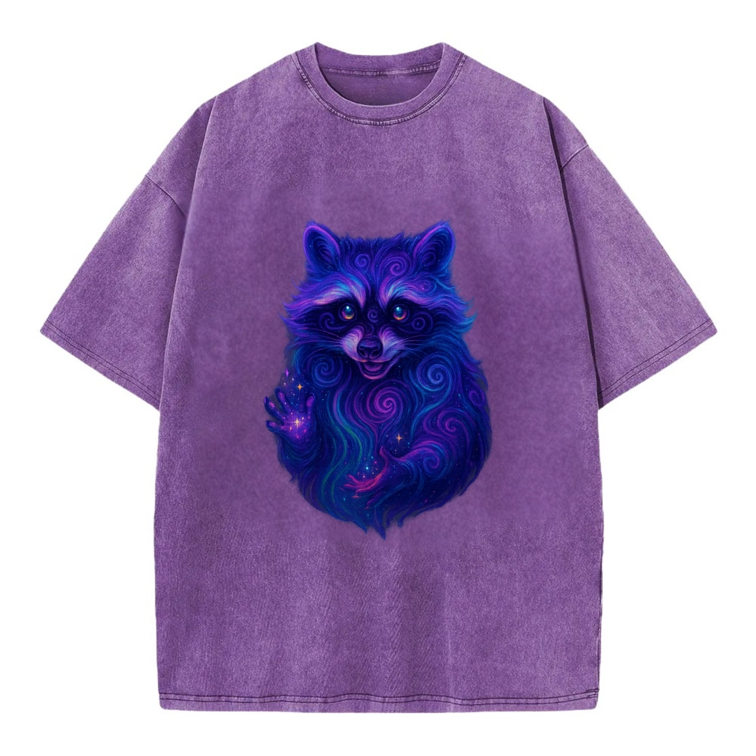 Playful raccoon with mask swirling in hypnotic patterns, neon purple and green - Vintage T-shirt - Purple