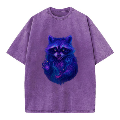 Playful raccoon with mask swirling in hypnotic patterns, neon purple and green - Vintage T-shirt - Purple