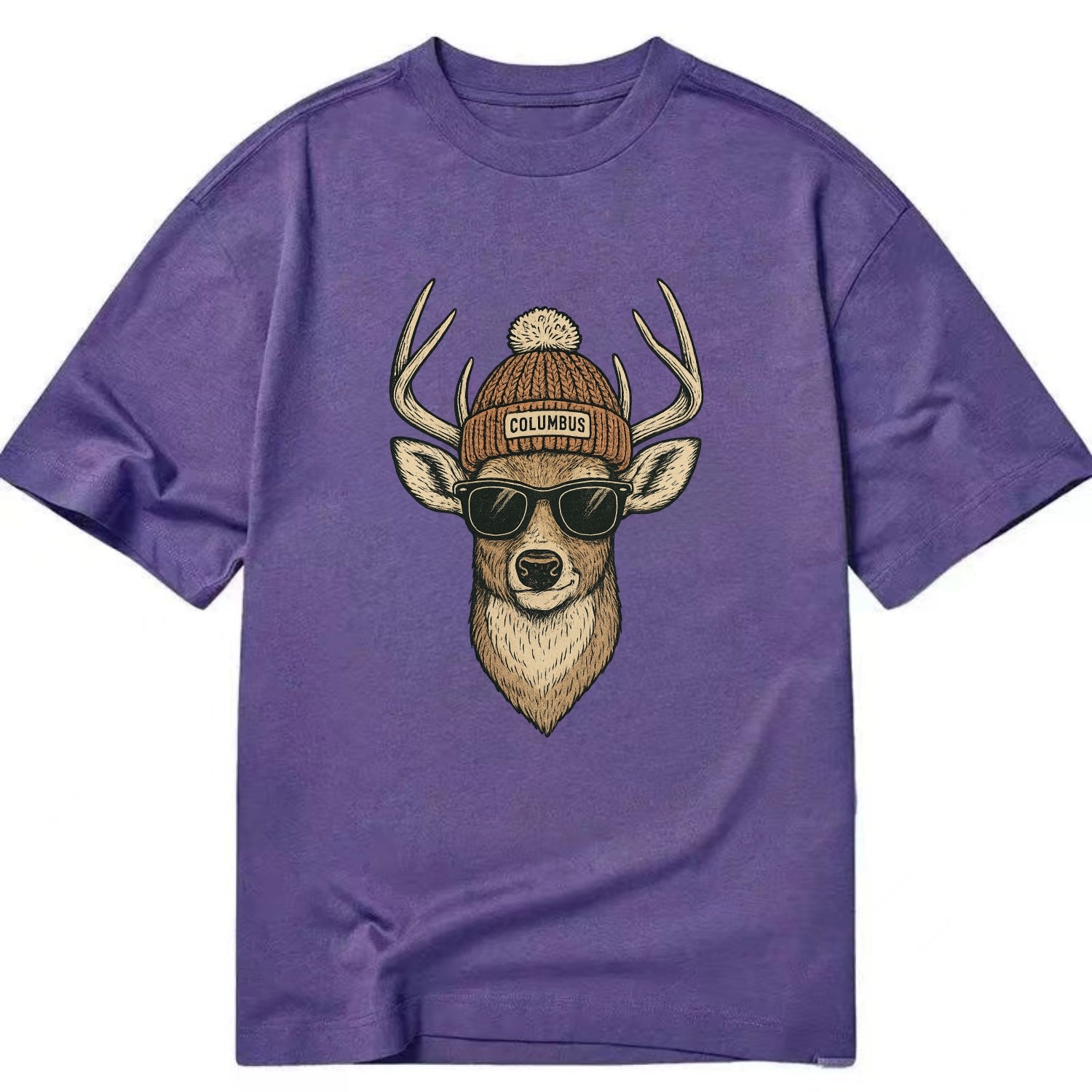 Ohio White-tailed Deer wearing Columbus beanie with pom pom and wayfarer - Classic T-shirt - Purple