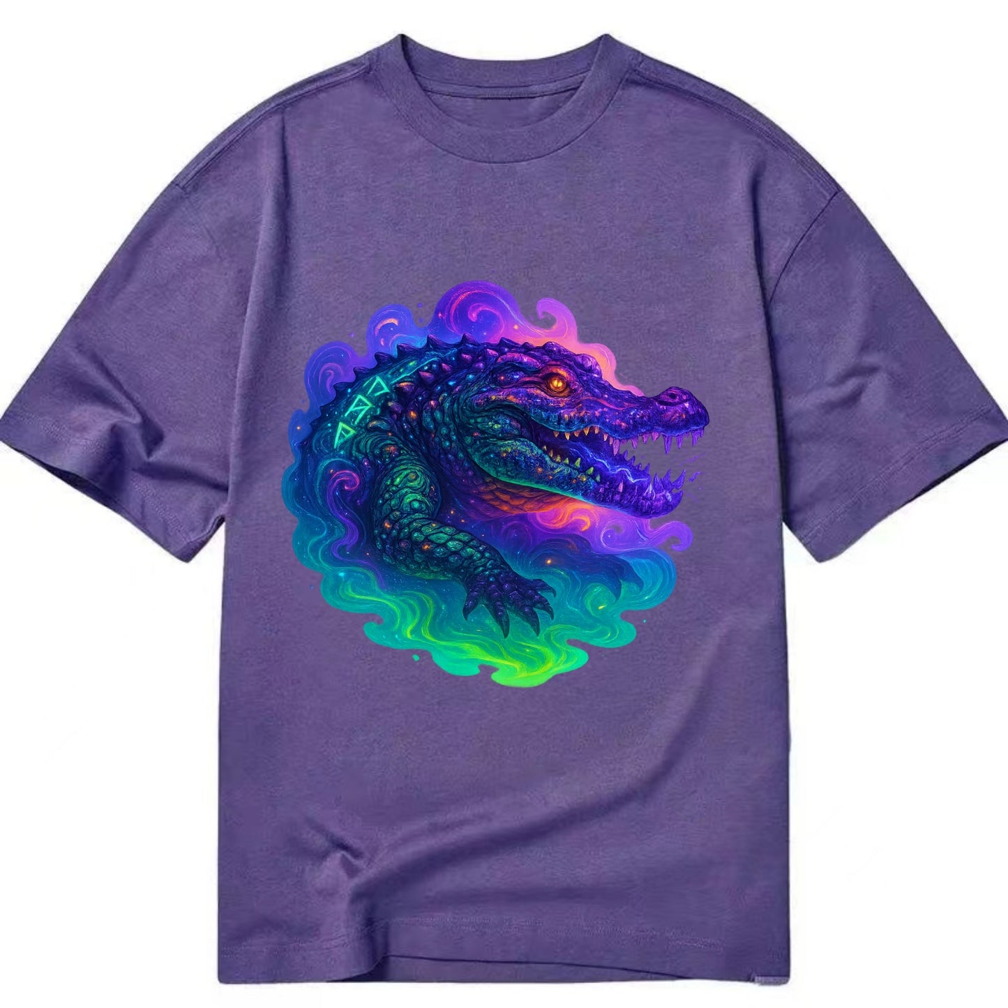 Primordial crocodile with scales pulsing plasma energy in green and purple, - Classic T-shirt - Purple