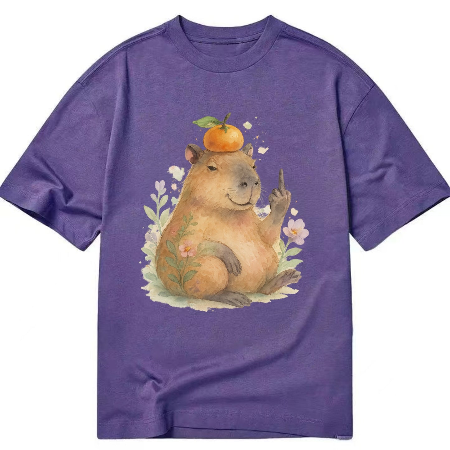 chonky capybara relaxing with orange on head, one webbed middle finger up - Classic T-shirt - Purple