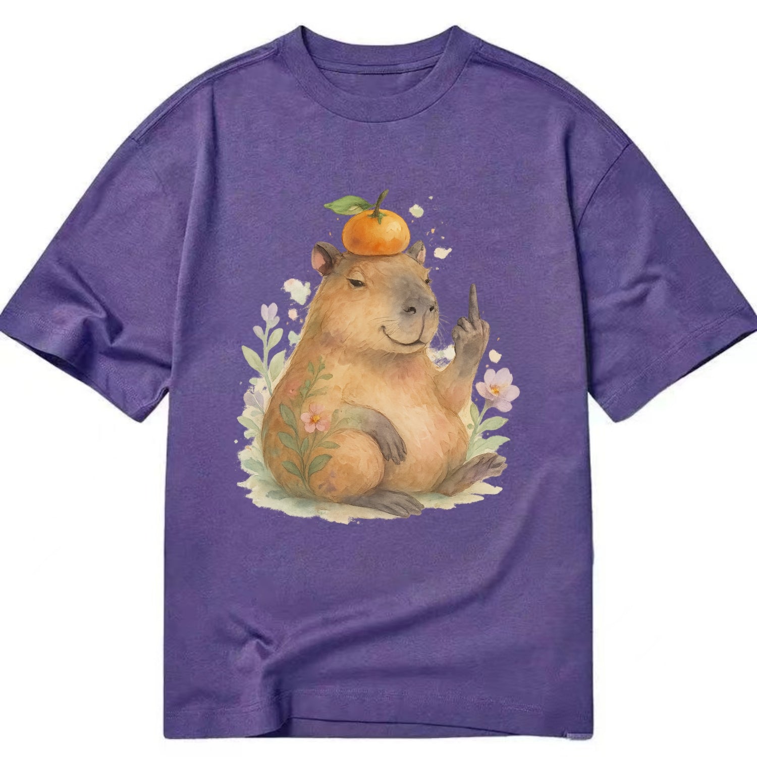 chonky capybara relaxing with orange on head, one webbed middle finger up - Classic T-shirt - Purple