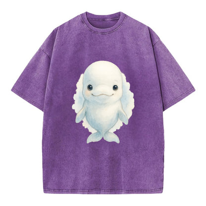 Baby Beluga Whale - pure white, rounded forehead, small eyes with big - Vintage T-shirt - Purple