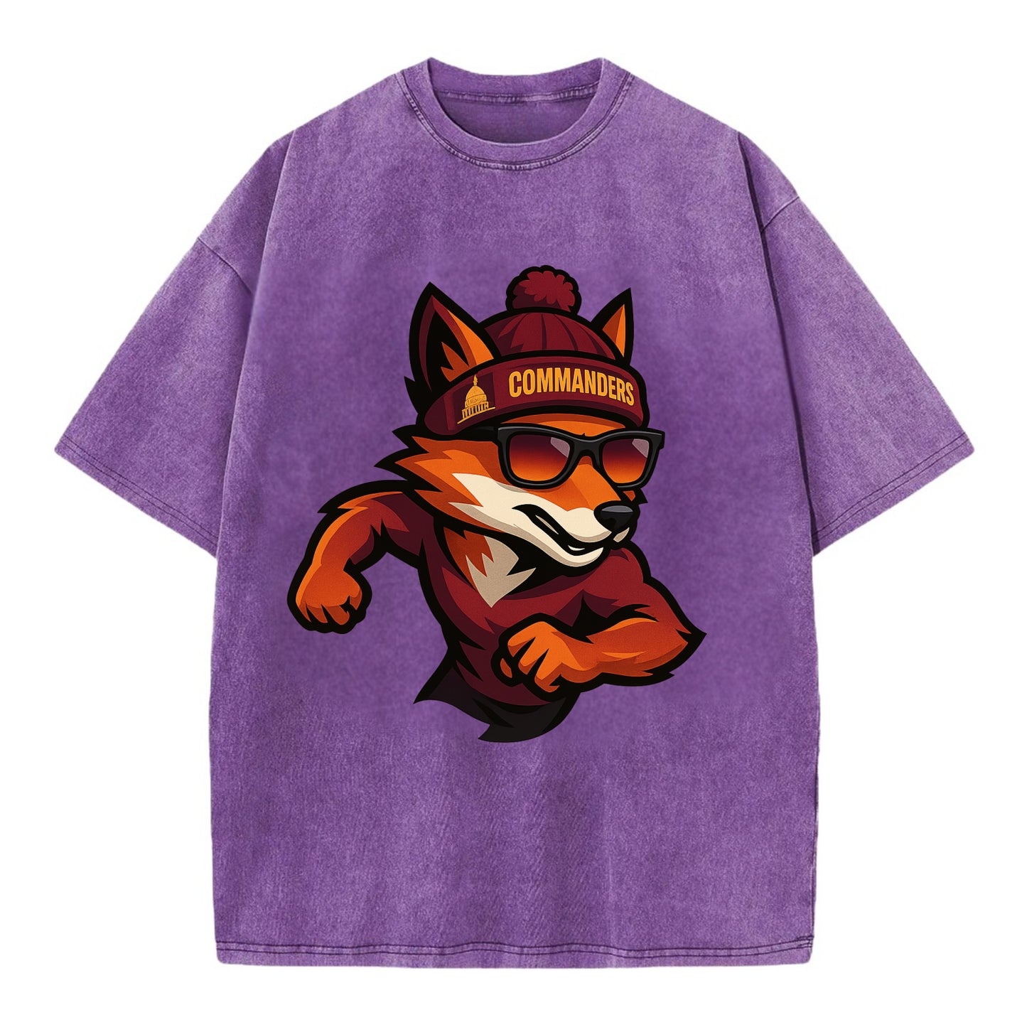 Washington Fox wearing Commanders beanie with Capitol patch and wayfarer - Vintage T-shirt - Purple