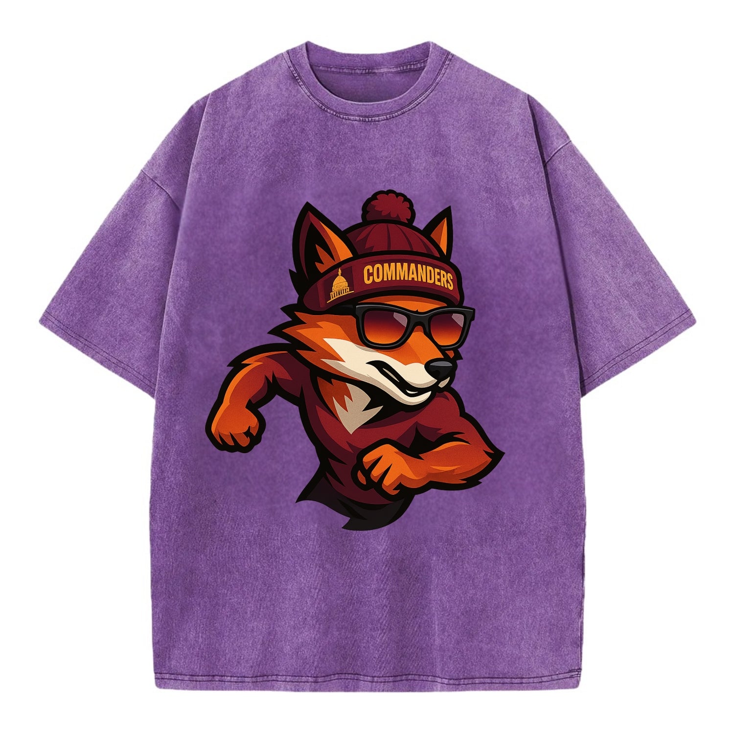 Washington Fox wearing Commanders beanie with Capitol patch and wayfarer - Vintage T-shirt - Purple