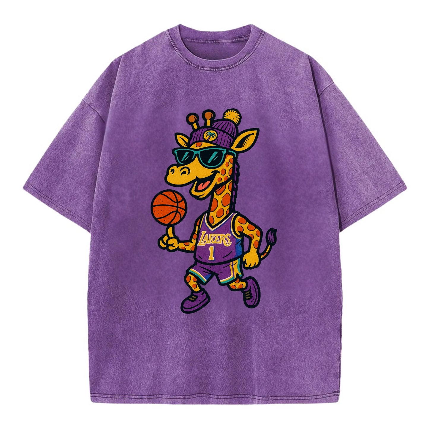 California Giraffe wearing Lakers beanie with palm tree patch and wayfarer - Vintage T-shirt - Purple