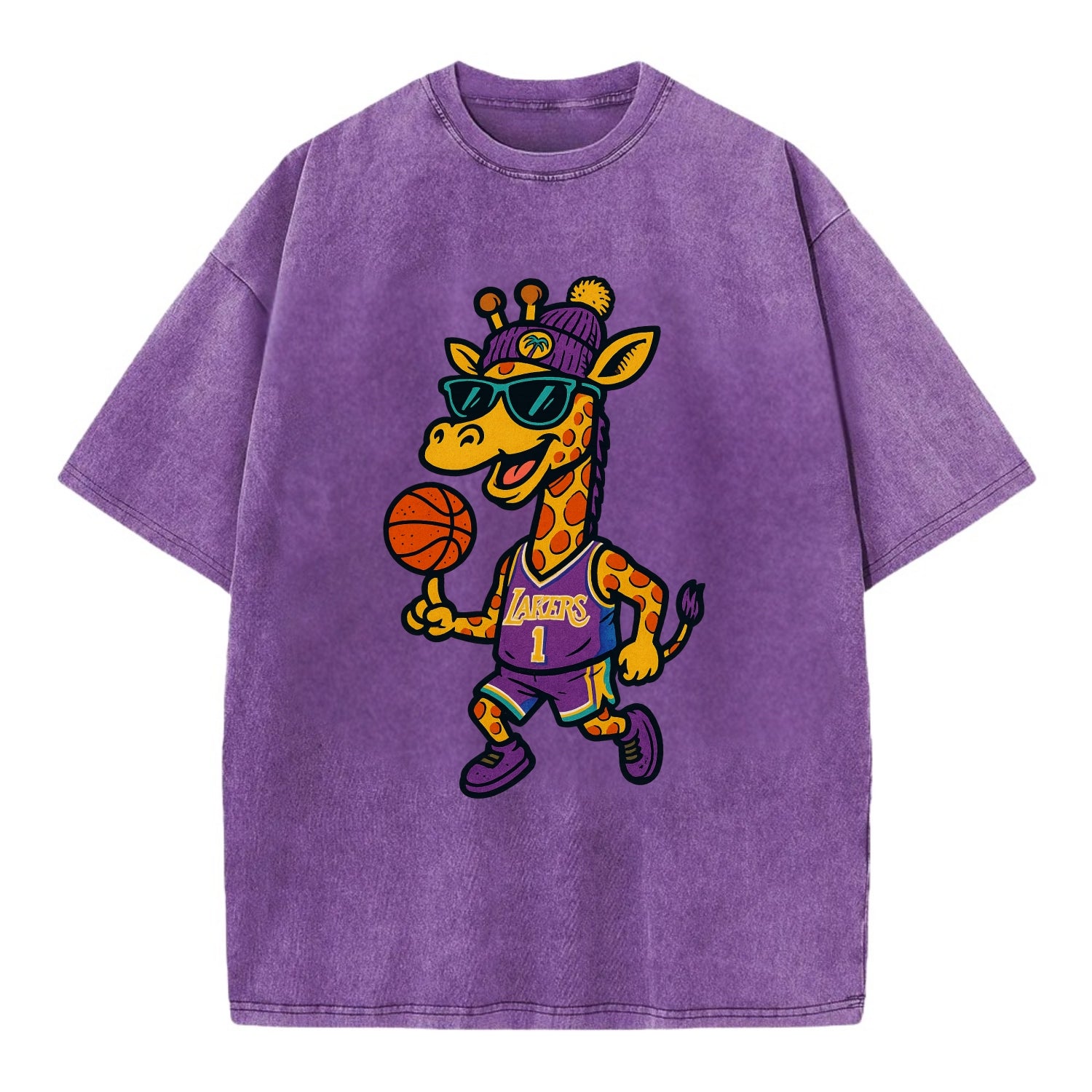California Giraffe wearing Lakers beanie with palm tree patch and wayfarer - Vintage T-shirt - Purple