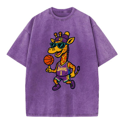 California Giraffe wearing Lakers beanie with palm tree patch and wayfarer - Vintage T-shirt - Purple