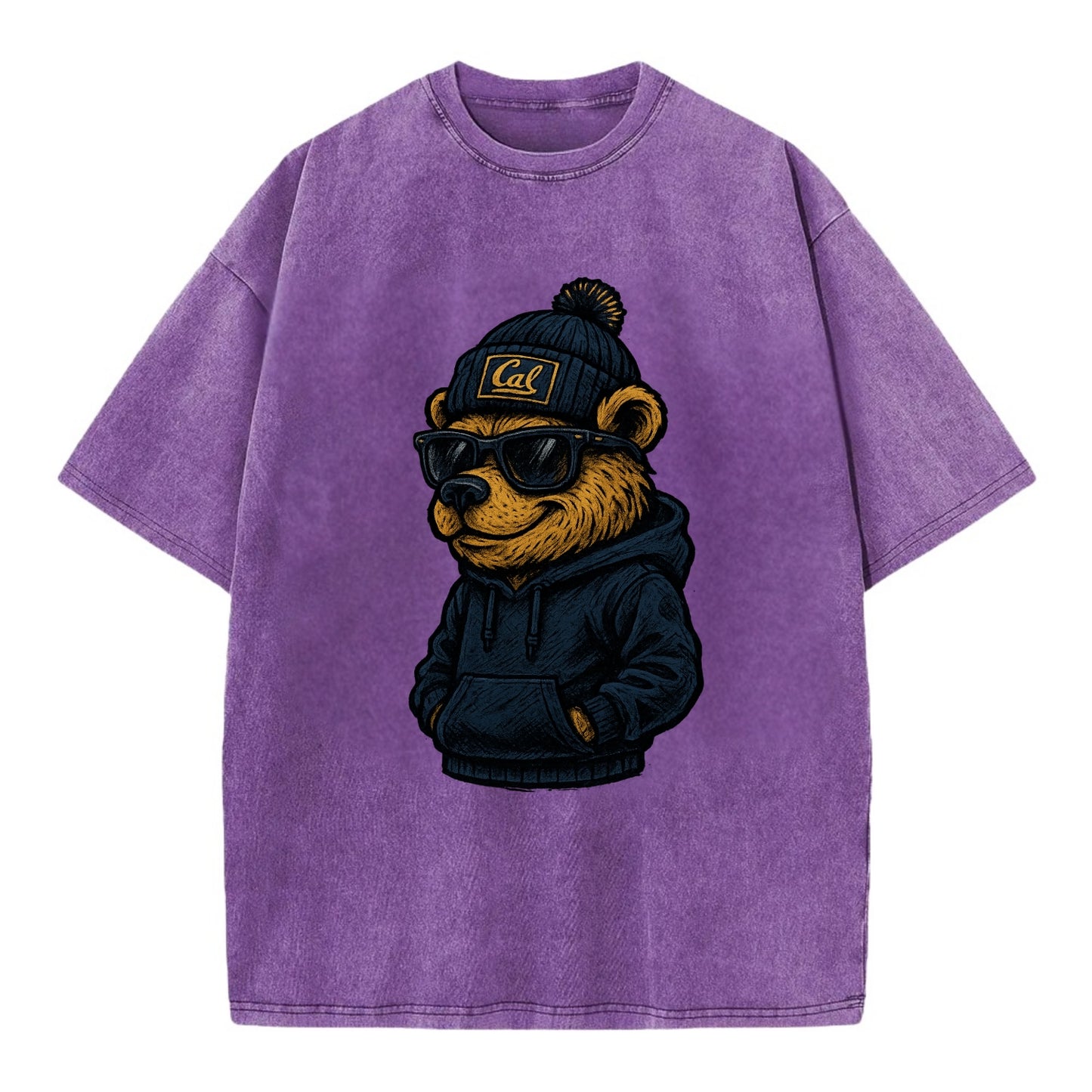 Berkeley Bear wearing Cal beanie with script patch - Vintage T-shirt - Purple