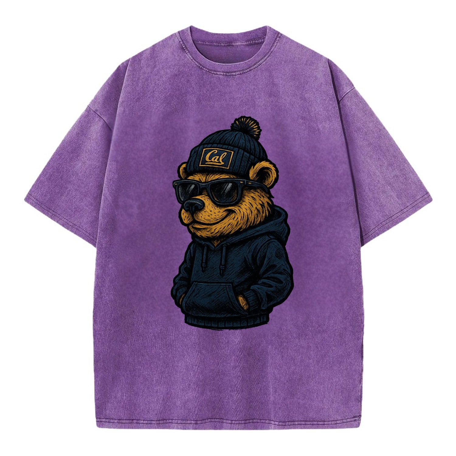 Berkeley Bear wearing Cal beanie with script patch - Vintage T-shirt - Purple