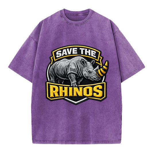 SAVE THE RHINOS - rhino silhouette in gray , horn protection - Vintage T-shirt - Purple