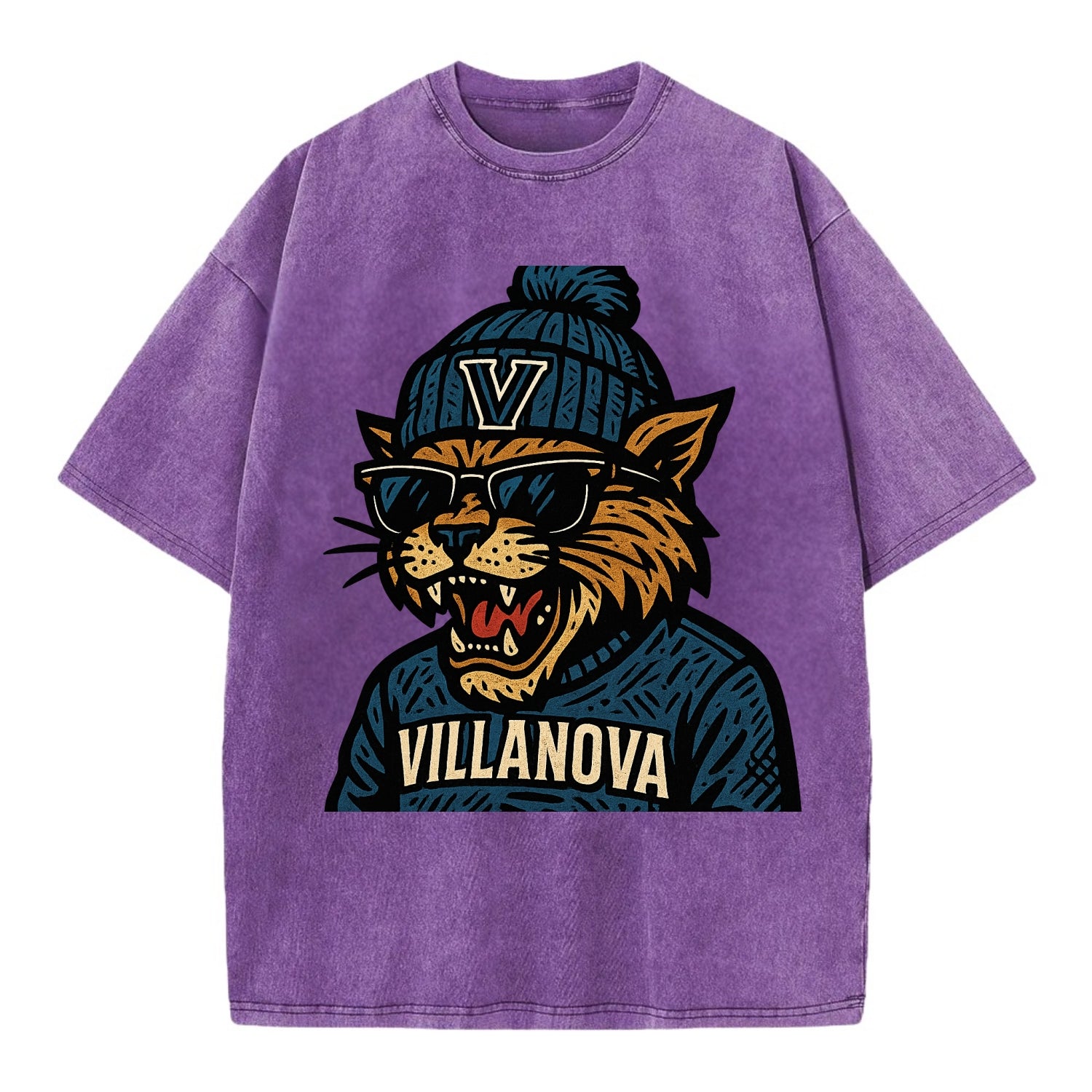Villanova Wildcat wearing Villanova beanie with V patch - Vintage T-shirt - Purple