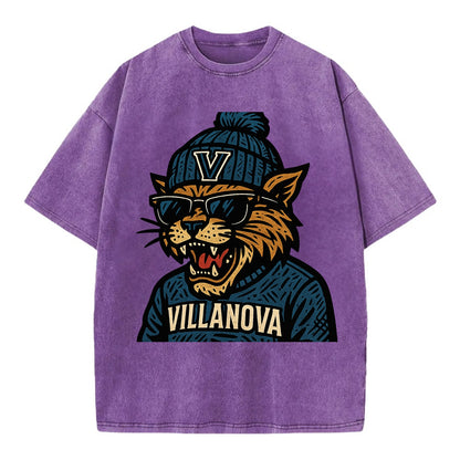 Villanova Wildcat wearing Villanova beanie with V patch - Vintage T-shirt - Purple