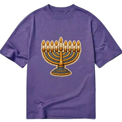 MENORAH LIGHTS - nine branch candelabra in gold and blue , Hanukkah - Classic T-shirt - Purple