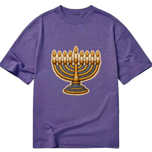 MENORAH LIGHTS - nine branch candelabra in gold and blue , Hanukkah - Classic T-shirt - Purple