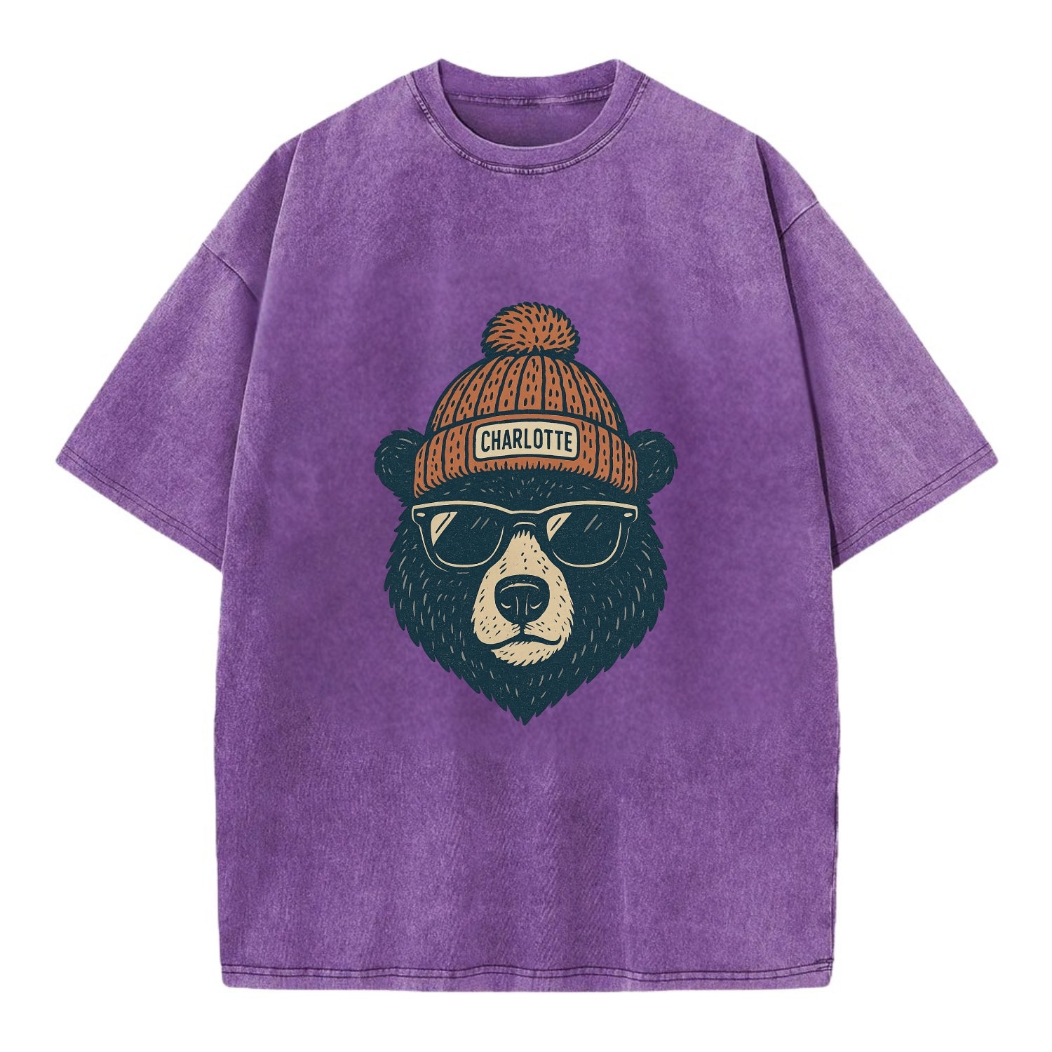 North Carolina Black Bear wearing Charlotte beanie with pom pom and wayfarer - Vintage T-shirt - Purple