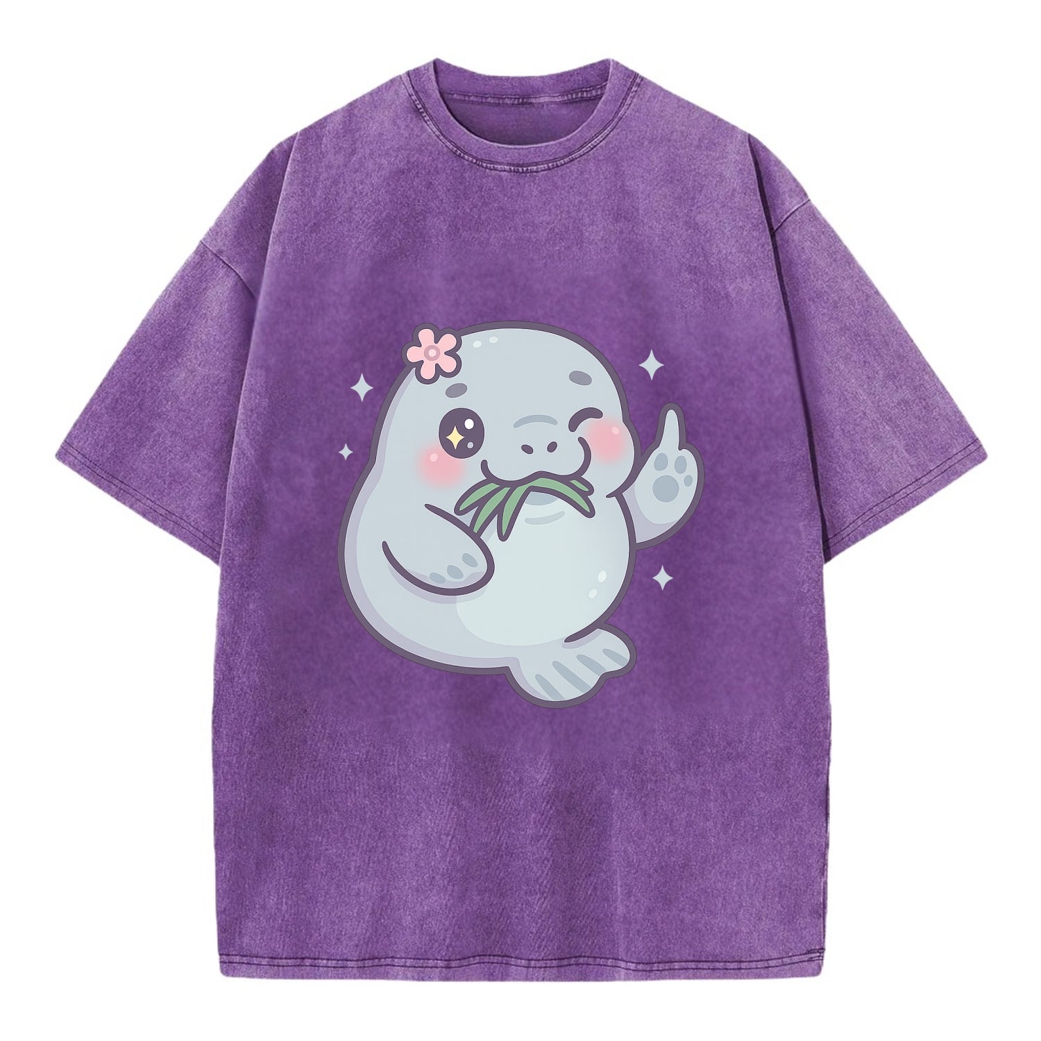 chubby manatee munching on seagrass, one flipper raised with sass - Vintage T-shirt - Purple