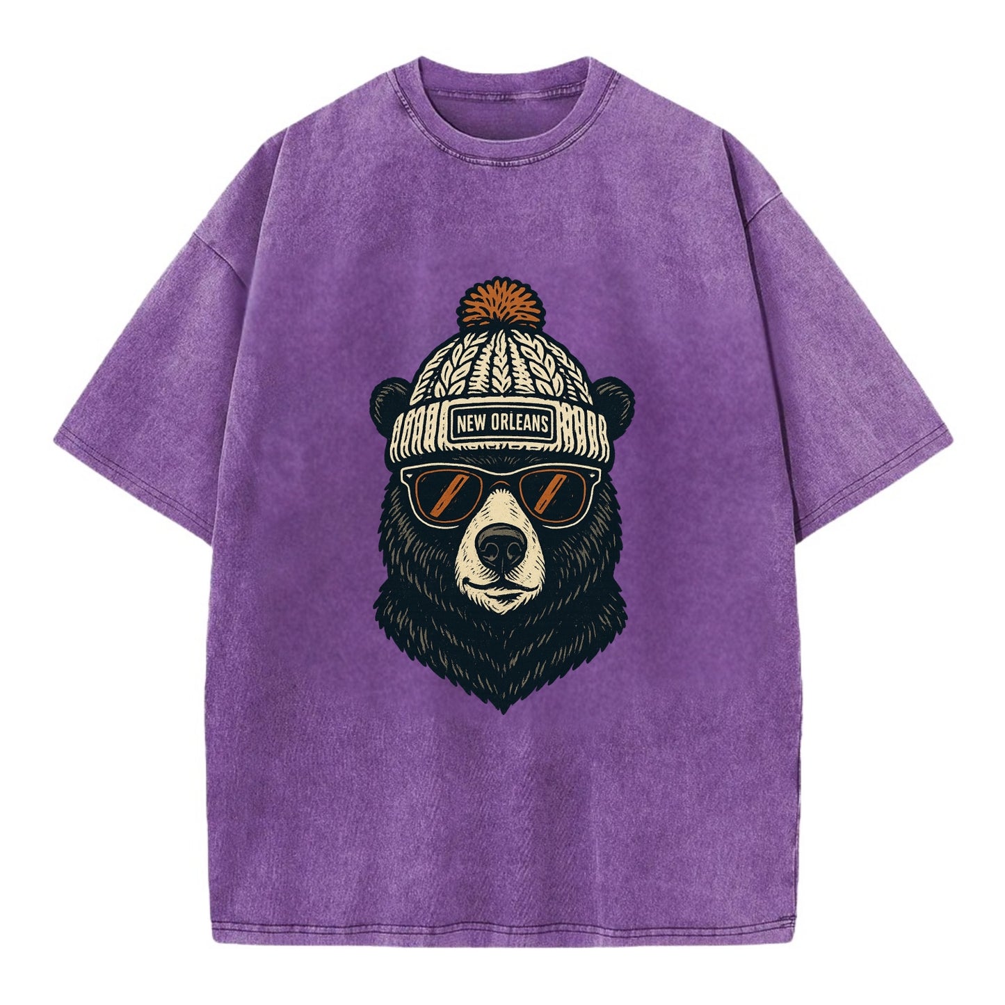 Louisiana Black Bear wearing New Orleans beanie with pom pom and wayfarer - Vintage T-shirt - Purple