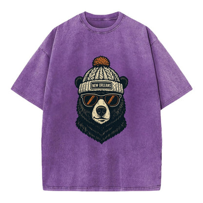Louisiana Black Bear wearing New Orleans beanie with pom pom and wayfarer - Vintage T-shirt - Purple