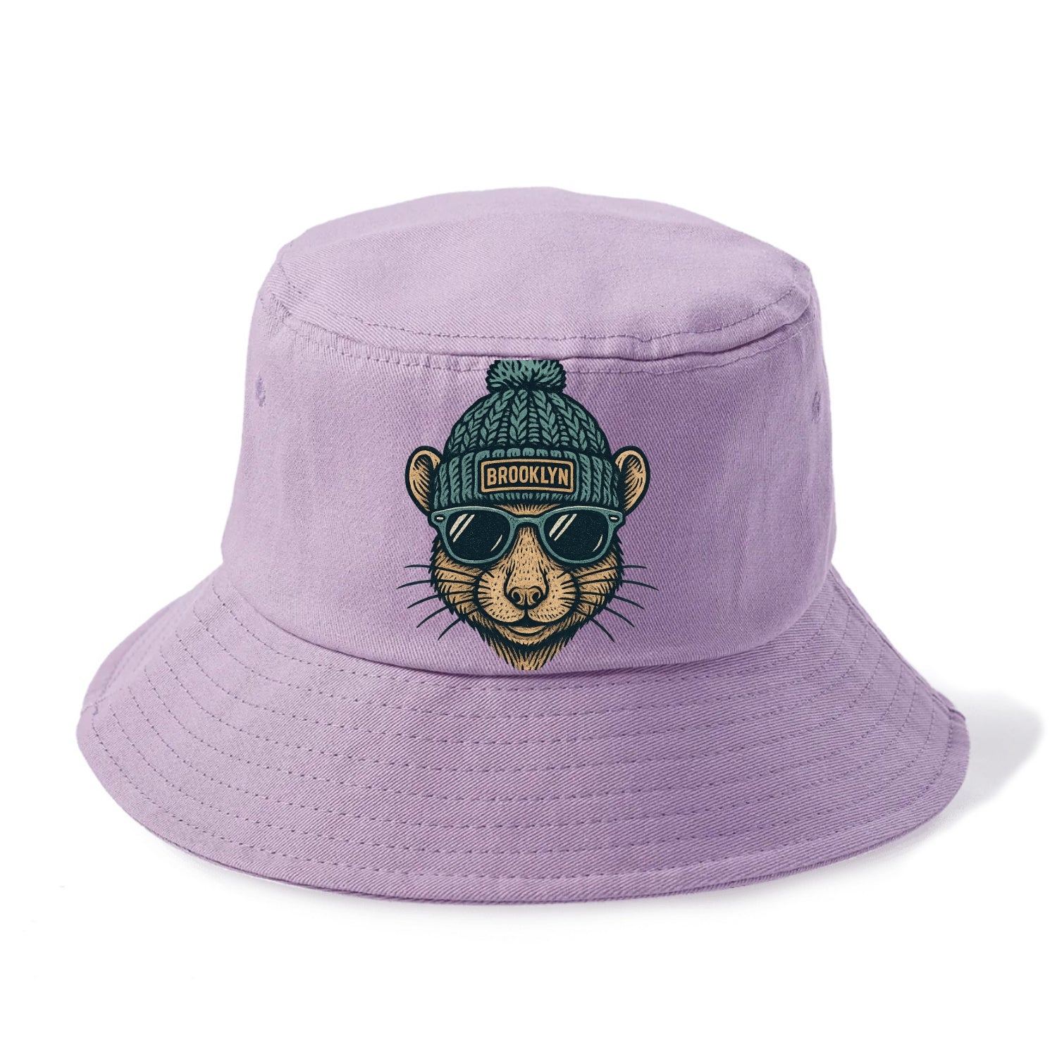 NYC Rat wearing Brooklyn beanie with pom pom and wayfarer sunglasses - Bucket Hat - Purple