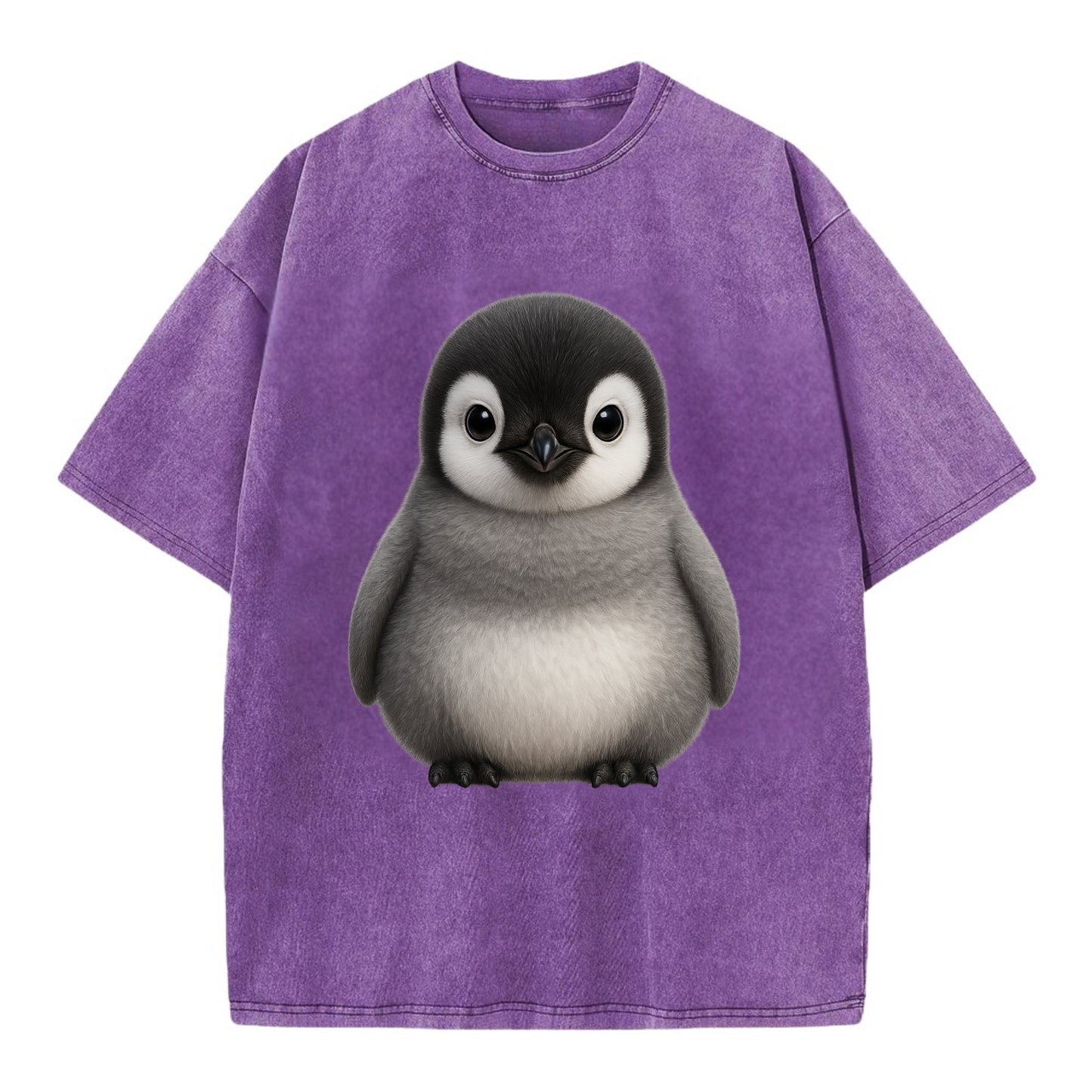 Baby Adelie Penguin - black and white, round body, curious eyes, front-facing, - Vintage T-shirt - Purple