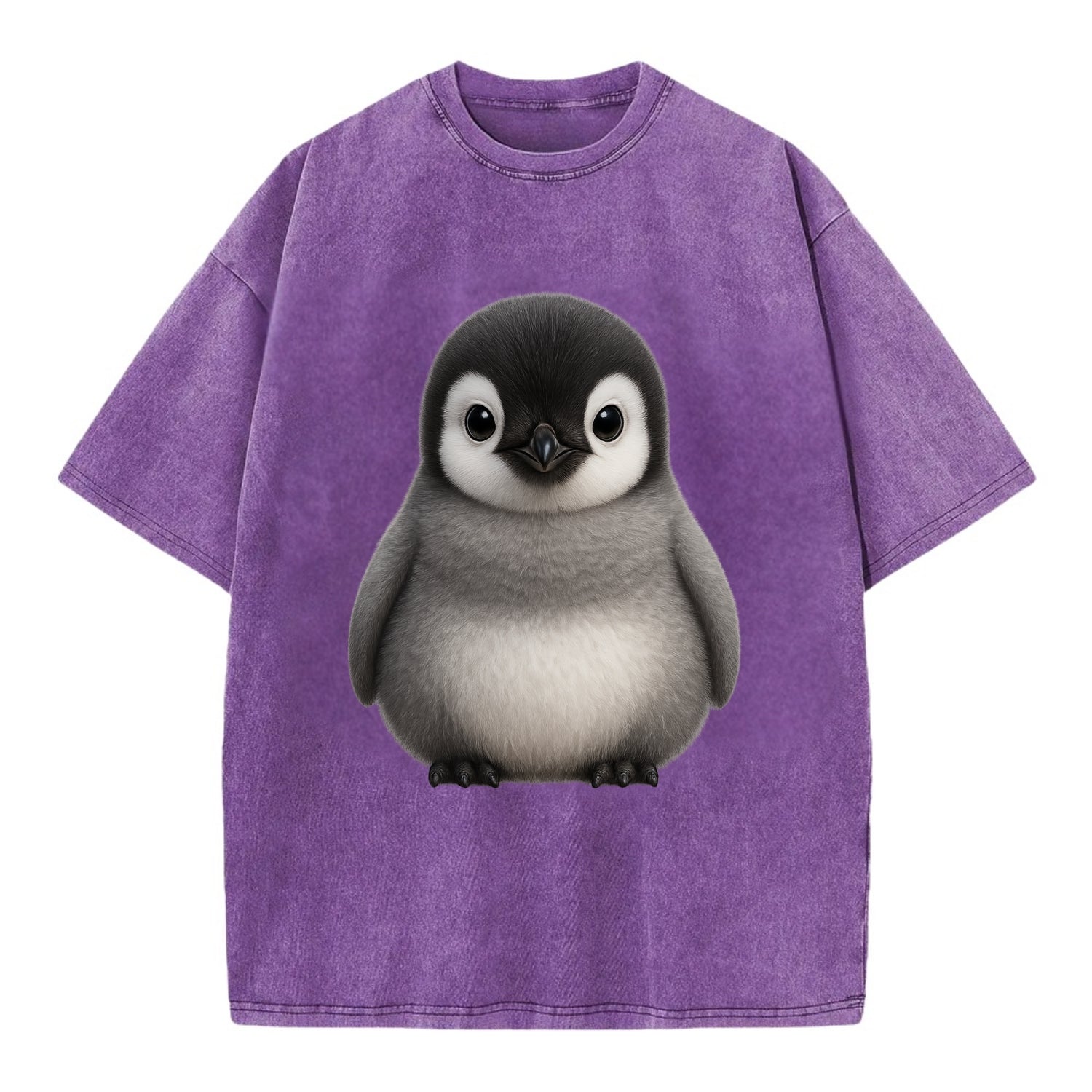 Baby Adelie Penguin - black and white, round body, curious eyes, front-facing, - Vintage T-shirt - Purple