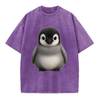 Baby Adelie Penguin - black and white, round body, curious eyes, front-facing, - Vintage T-shirt - Purple