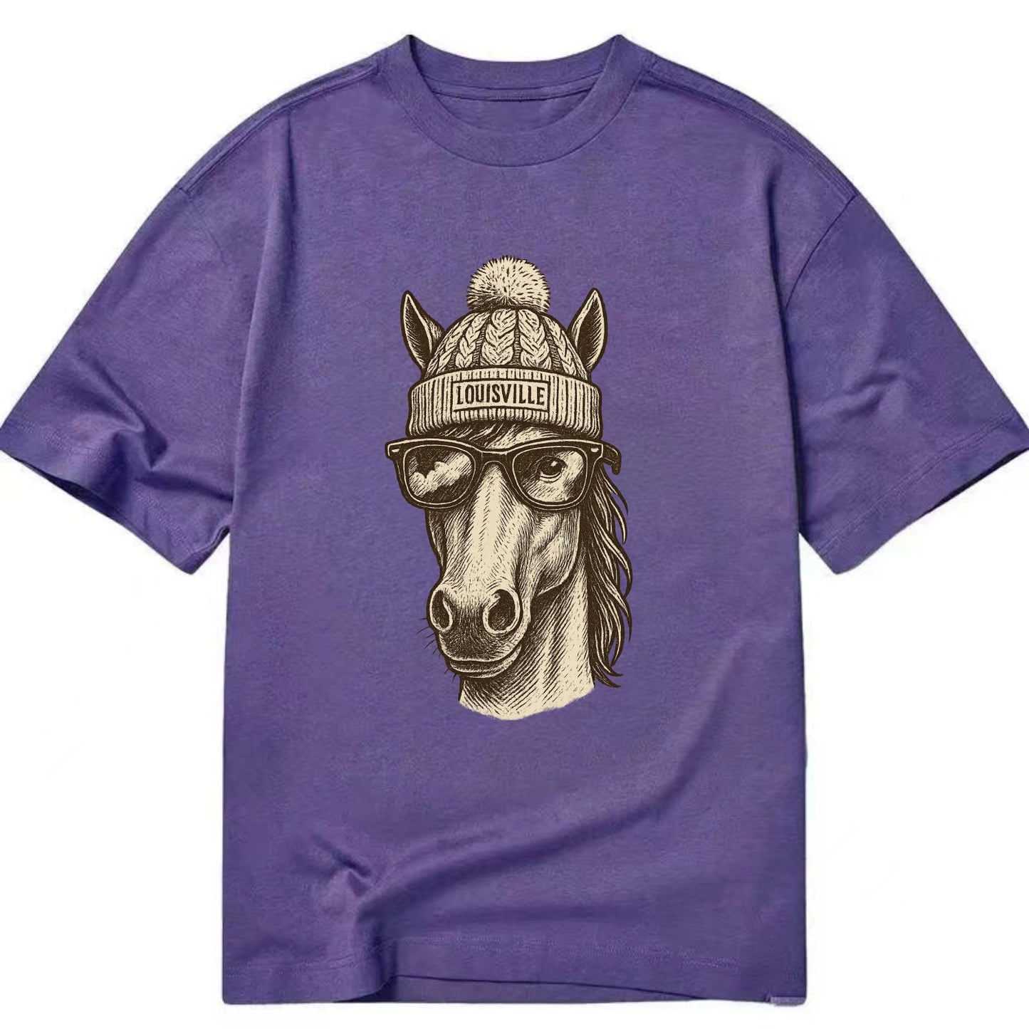 Kentucky Thoroughbred Horse wearing Louisville beanie with pom pom and wayfarer - Classic T-shirt - Purple