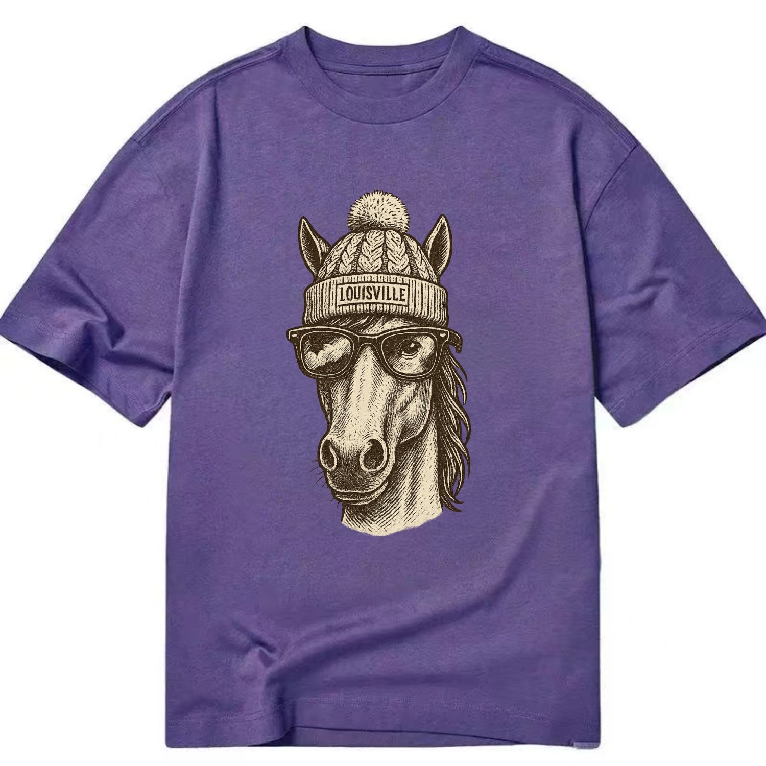 Kentucky Thoroughbred Horse wearing Louisville beanie with pom pom and wayfarer - Classic T-shirt - Purple