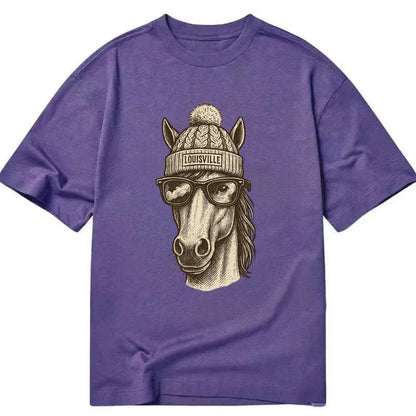 Kentucky Thoroughbred Horse wearing Louisville beanie with pom pom and wayfarer - Classic T-shirt - Purple