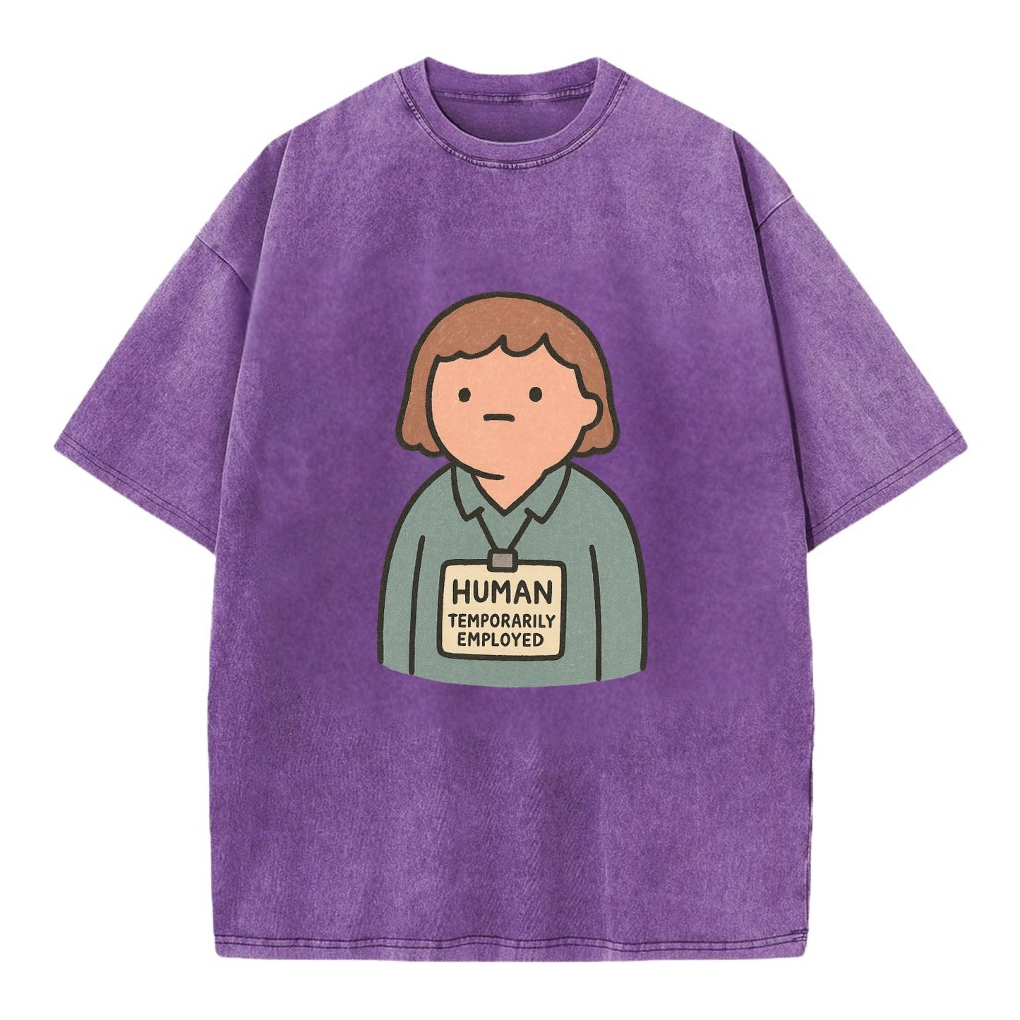 Worker wearing ID badge that says "Human - Temporarily Employed" - existential - Vintage T-shirt - Purple