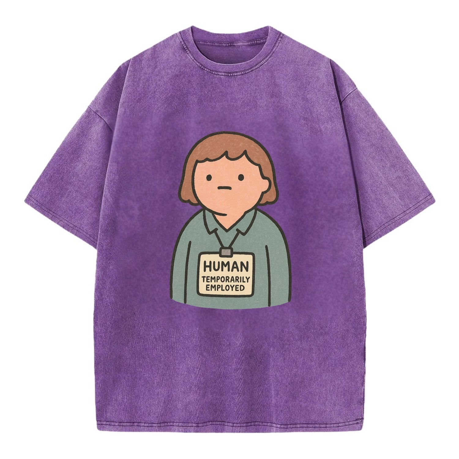 Worker wearing ID badge that says "Human - Temporarily Employed" - existential - Vintage T-shirt - Purple