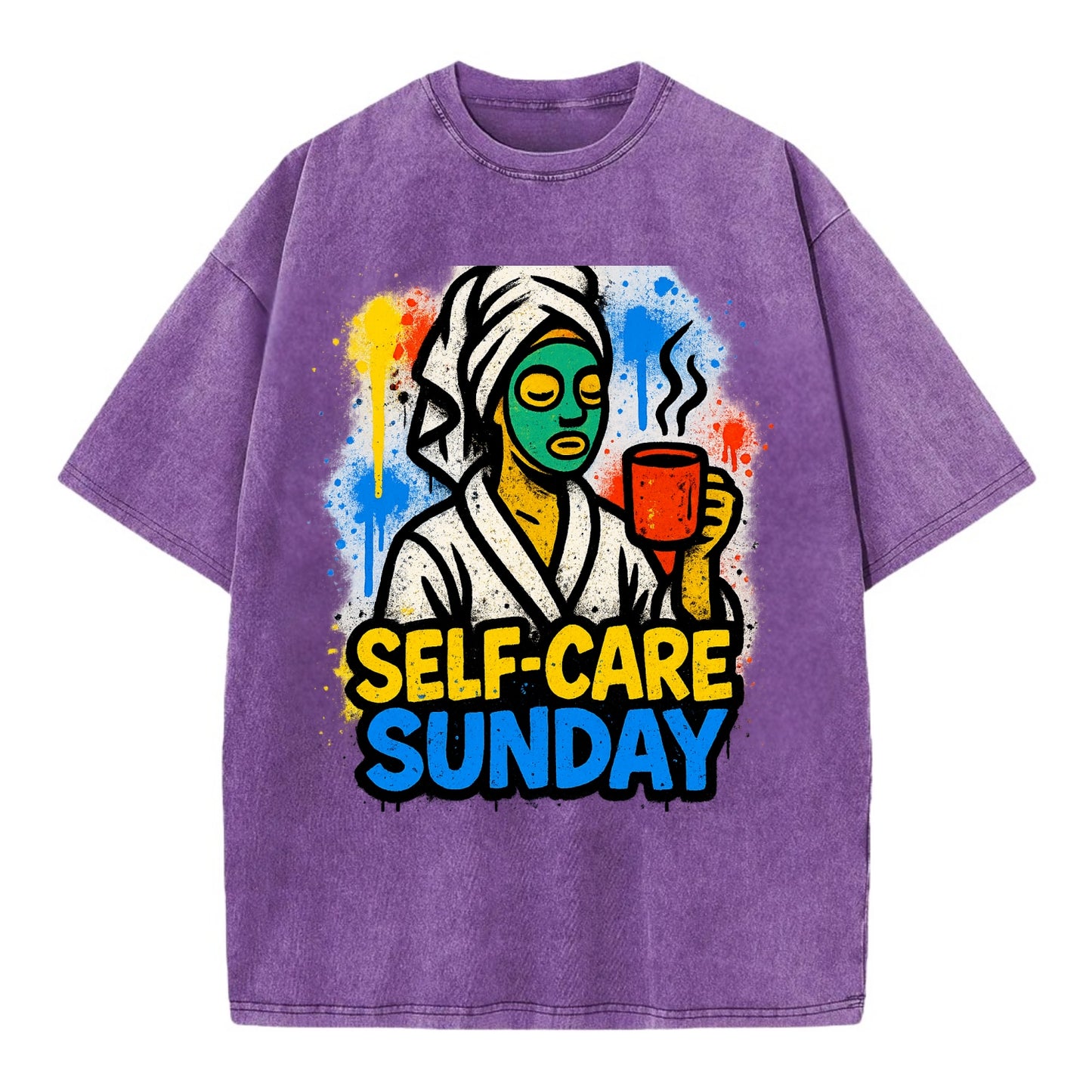Person in bathrobe with face mask and tea - self-care Sunday ritual, wellness - Vintage T-shirt - Purple