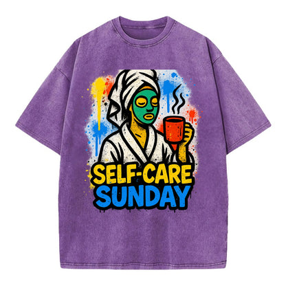 Person in bathrobe with face mask and tea - self-care Sunday ritual, wellness - Vintage T-shirt - Purple