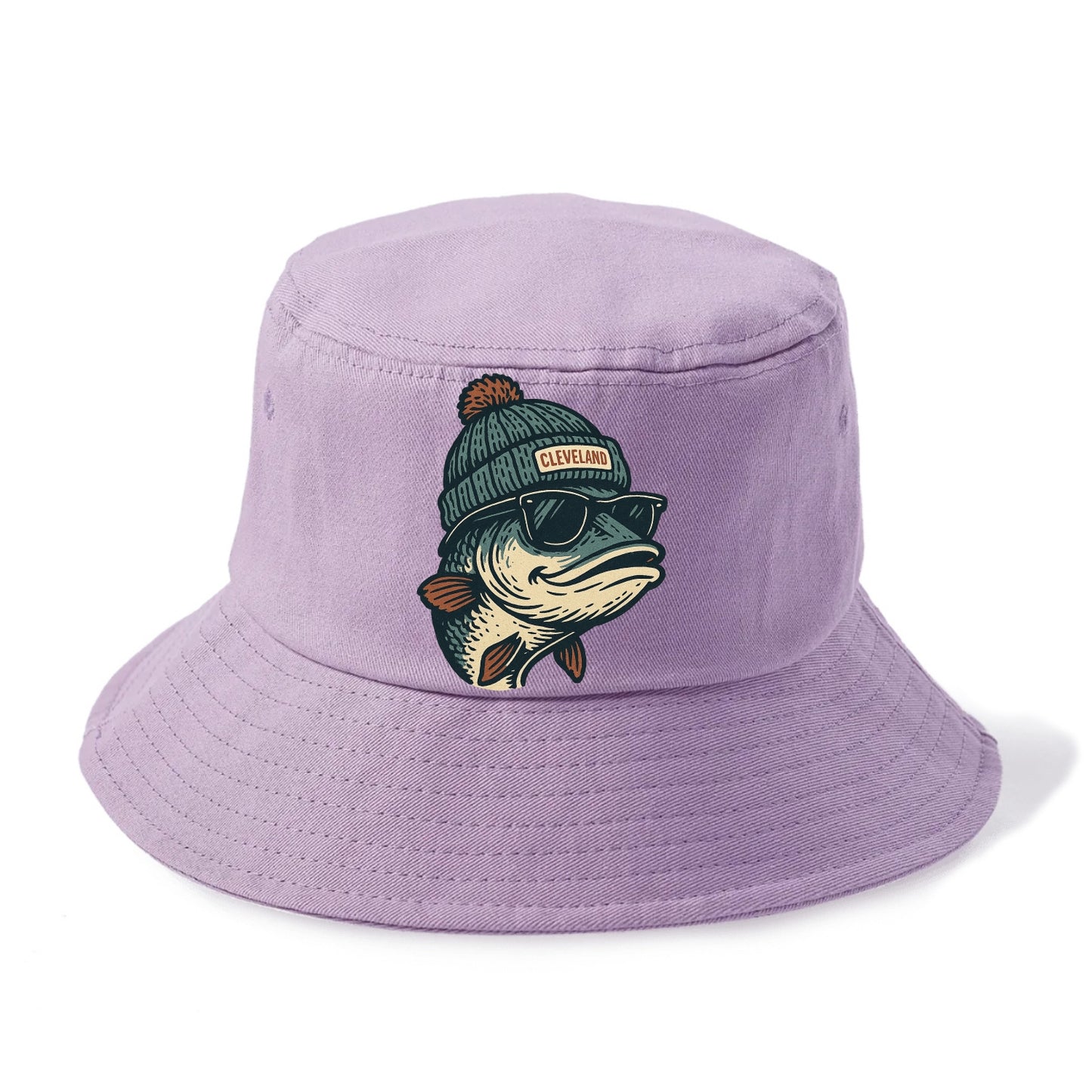 Cleveland Lake Erie Walleye wearing Cleveland beanie with pom pom and wayfarer - Bucket Hat - Purple