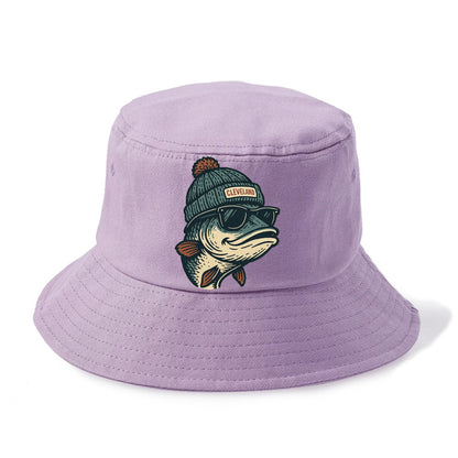 Cleveland Lake Erie Walleye wearing Cleveland beanie with pom pom and wayfarer - Bucket Hat - Purple