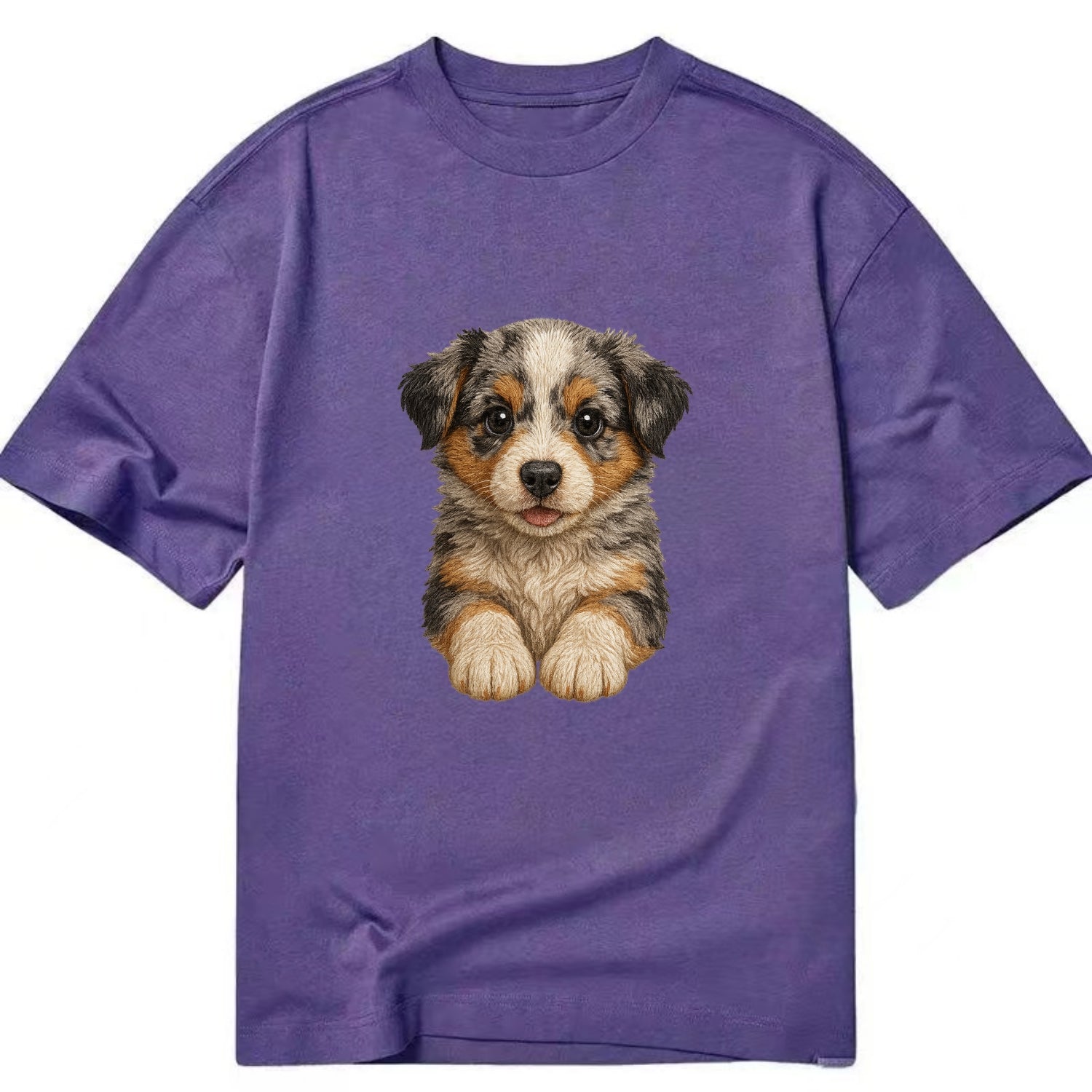 Baby Australian Shepherd Puppy - merle coat, bright eyes, fluffy, front-facing, - Classic T-shirt - Purple