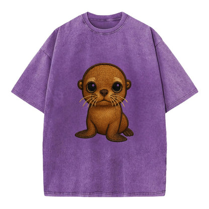 Baby California Sea Lion - golden brown, large expressive eyes, whiskers, - Vintage T-shirt - Purple